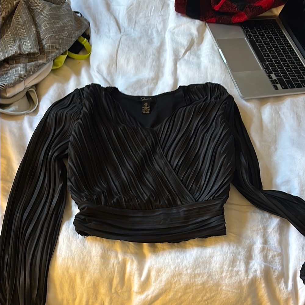 Black Pleated Wrap Blouse Long Sleeve
